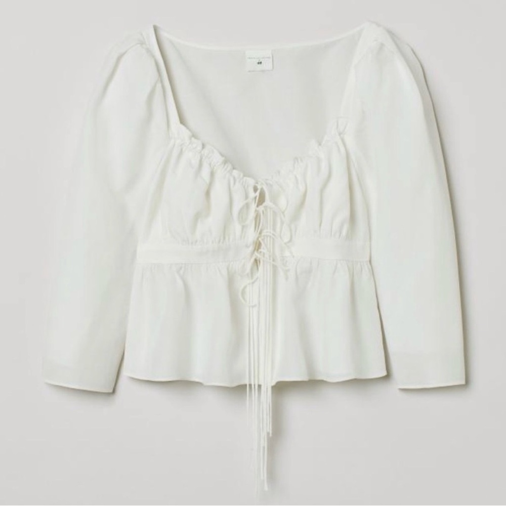 H&M White Lace-Up Peplum Blouse with Long Sleeves